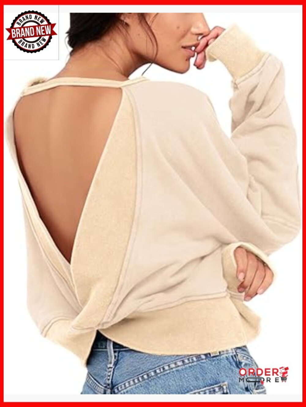Womens Open Back Crop Sweatshirt Long Sleeve Crewneck Workout Top